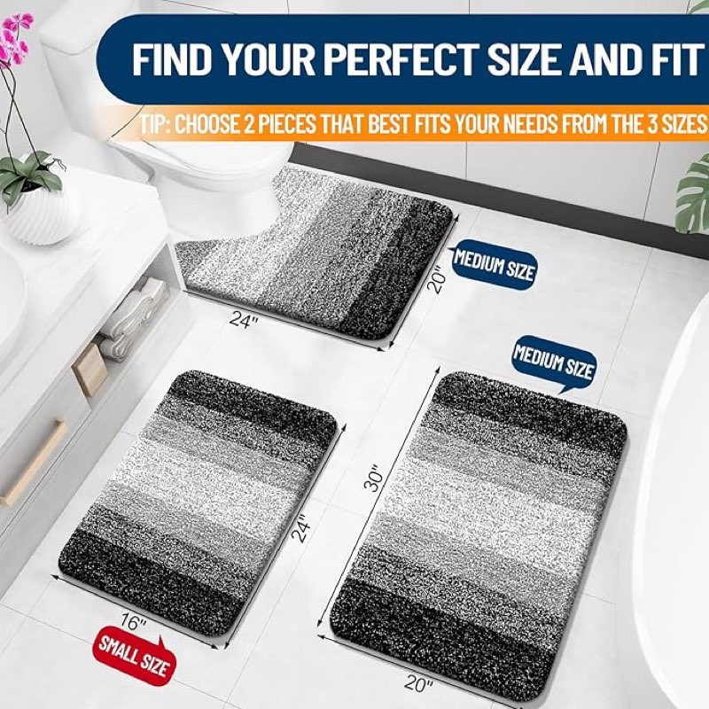 olanly bathroom rug set 3 piece, soft absorbent microfiber bath mats and u-shaped contour toilet rug, non-slip, machine wash dry, plush shaggy bath mats for bathroom (24"x16"+24"x20", black)