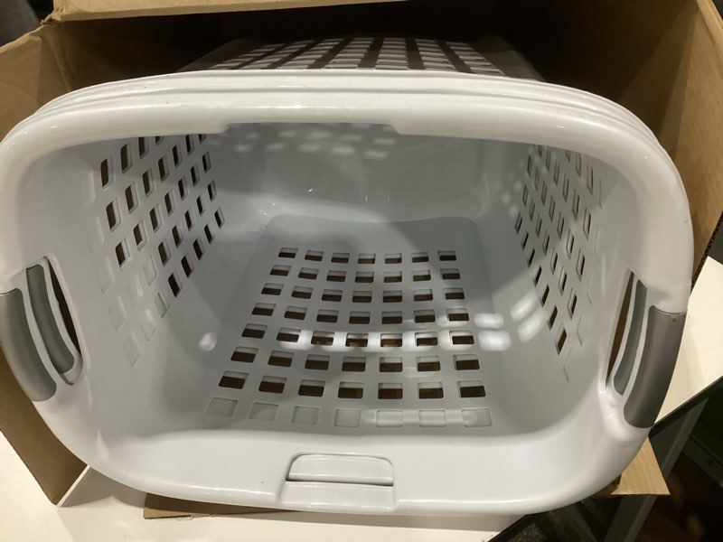 Condition photo showing Good Condition for sterilite ultra easy carry laundry hamper, comfort handles to easily carry clothes between the bedroom and laundry room, plastic, white,  white 2pack