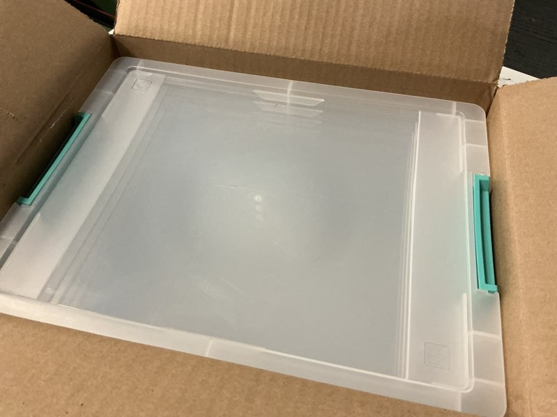 Condition photo showing Good Condition for IRIS USA 6 Qt. Plastic Storage Bins Containers with Lids, 4 Pack, Small Sensory Bin, Craft Storage, Craft Organizers & Storage, Organizing Container for Home, Office & Art Supplies, Stackable, Clear 6 Qt. - 4 Pack