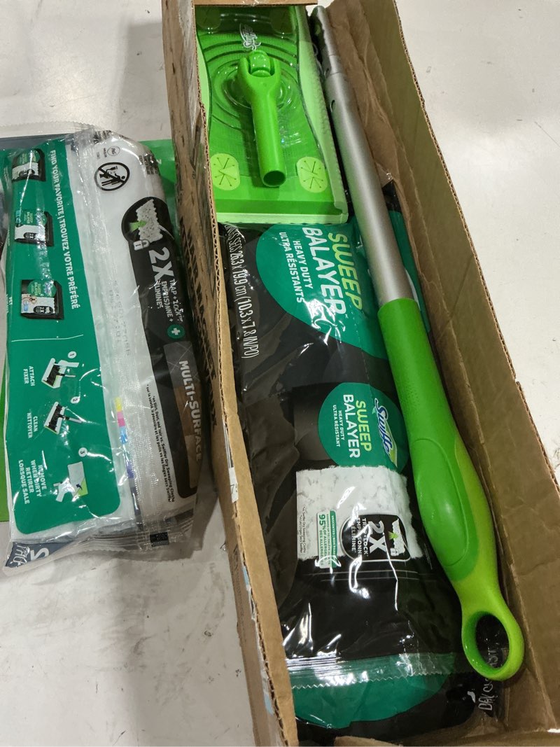 Condition photo showing New/Like New for swiffer hair magnet deluxe starter kit with collapsible pole, 9 hair magnet dry cloths, 2 bonus mop & go wet cloths