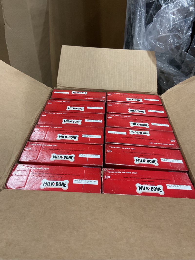 Condition photo showing New/Like New for best by may/23/2026  milk-bone flavor snacks dog treats, small biscuits, 24 ounce crunchy texture helps reduce tartar beef, chicken, turkey, bacon & sausage 1.5 pound (pack of 12)