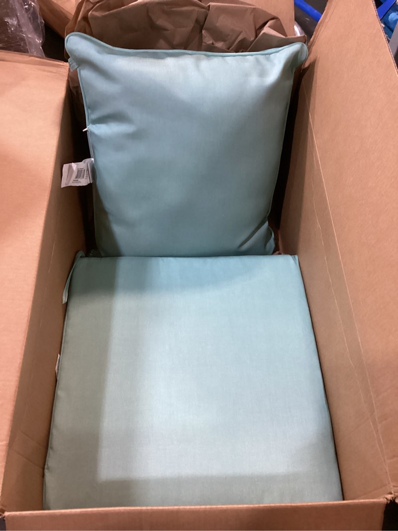 Condition photo showing Good Condition for arden outdoor deep seat cushion set, 24 in x 24 in, weather-proof, rain-proof, fade resistant patio cushion for chair, sofa, and couch aqua leala polyfill aqua leala 1 pack