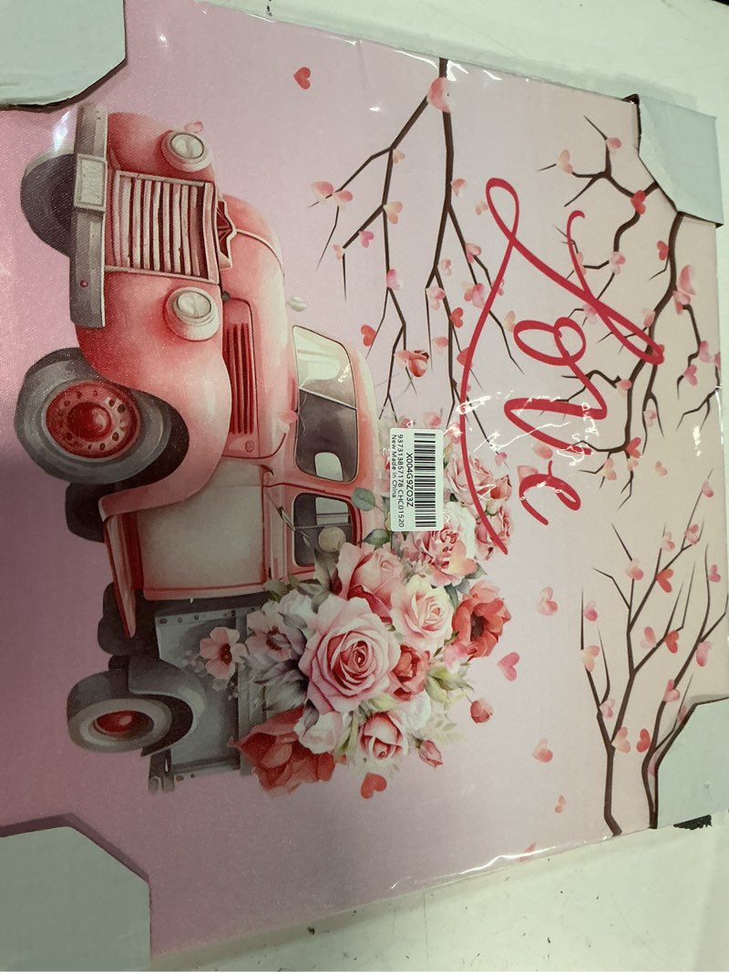 Condition photo showing New/Like New for valentines framed canvas wall art for living room pink red truck rose wall decor, love heart branch leaves aesthetic paintings for bedroom kitchen, ready to hang valentine day wall pictures 16x16