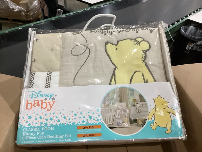 Condition photo showing New/Like New for disney classic pooh hunny fun with piglet and eeyore the hundred acre woods taupe 3 piece nursery crib bedding set - comforter, 100% cotton fitted crib sheet, and crib skirt
