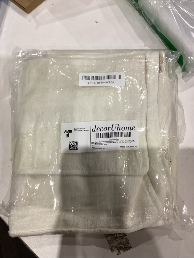 Condition photo showing As Is for decorUhome Spring Couch Throw Pillow Covers 16x16 Set of 2, Decorative Soft Velvet Neutral Chenille Pillow Covers with Elegant Design for Sofa Bed Living Room Home Decor, Cream White Cream White 16" x 16" (Pack of 2)