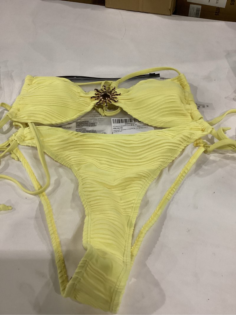 Condition photo showing Good Condition for shenhe women's halter swimsuits 2 piece ruched side tie textured bikini set bathing suit medium yellow