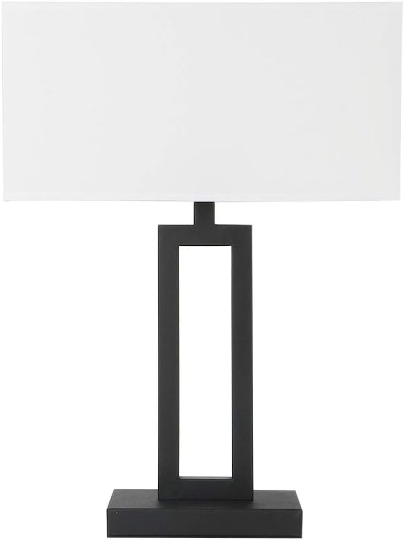 White Indoor Table Lamp Bedside Nightstand Desk Lamp, Dimmable On Off Switch Black 65.8" Power Cord Cutout Rectangular White Fabric Shade for Bedroom Hotel Study