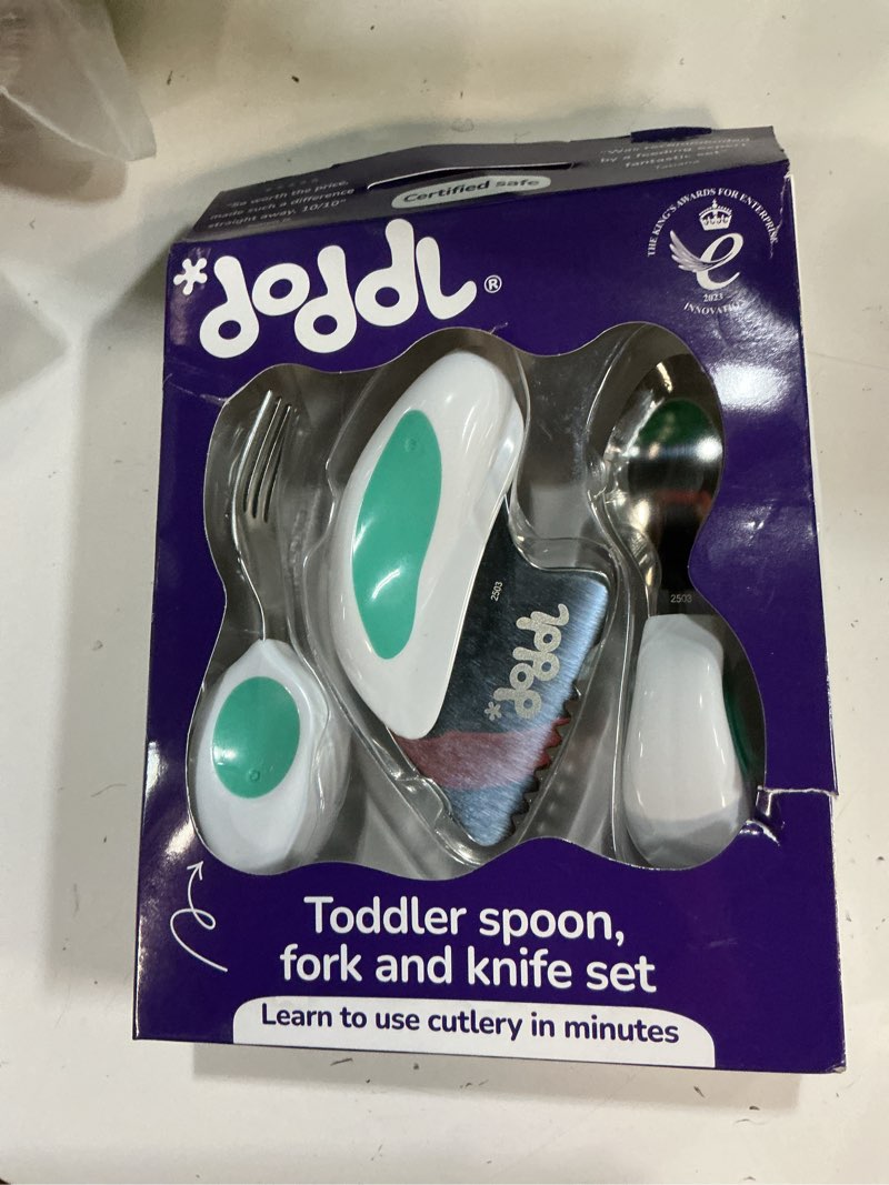 Condition photo showing Good Condition for doddl toddler utensils, ergonomic fork spoon and knife set for self feeding, stainless steel silverware for 1-3 year olds, bpa free, dishwasher safe (aqua)