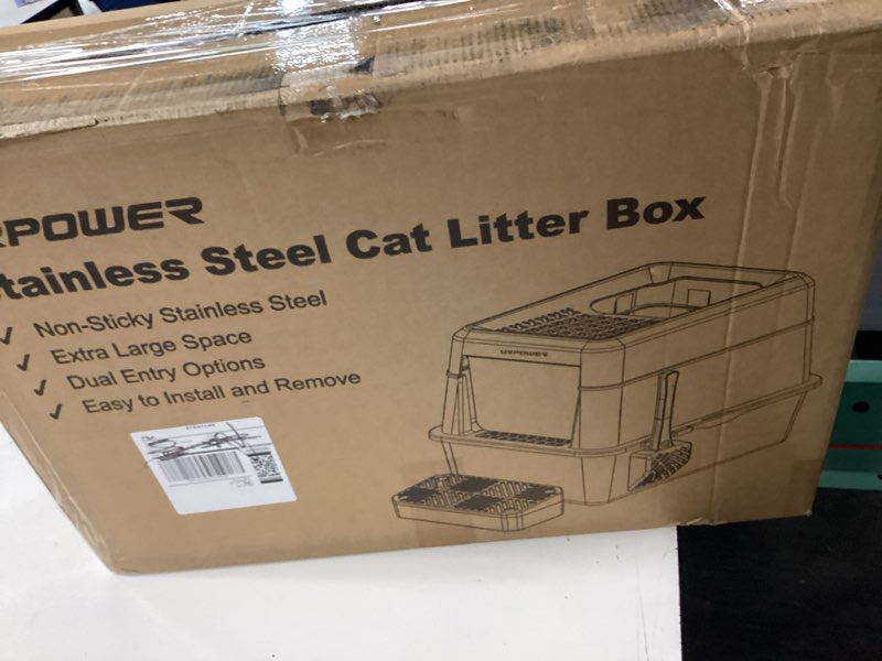 Condition photo showing New/Like New for urpower stainless steel cat litter box with lid extra large enclosed litter box non-sticky metal pan with high sided & scoop, odor free, front & top entry, anti-leakage, easy cleaning gray x-large