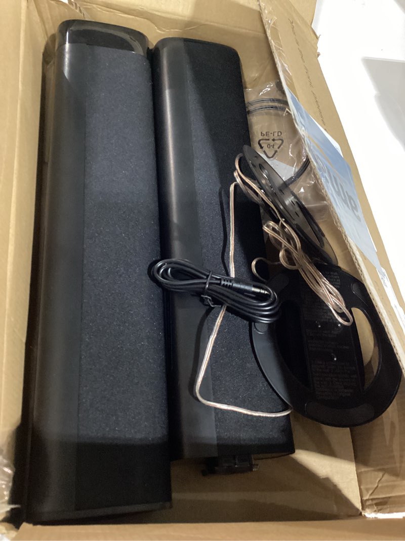 Condition photo showing As Is for sound bar for smart tv, soundbar with bluetooth/arc/opt/aux connect, auto volume boost, 3 equalizer modes, 2 in 1 detachable soundbar for tv/pc/gaming/projectors black