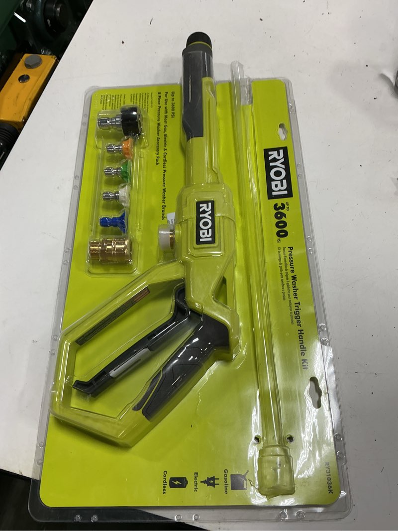 Condition photo showing As Is for ryobi pressure washer trigger handle kit with quick-connect adaptors, nozzles and wand for pressure washers up to 3600 psi