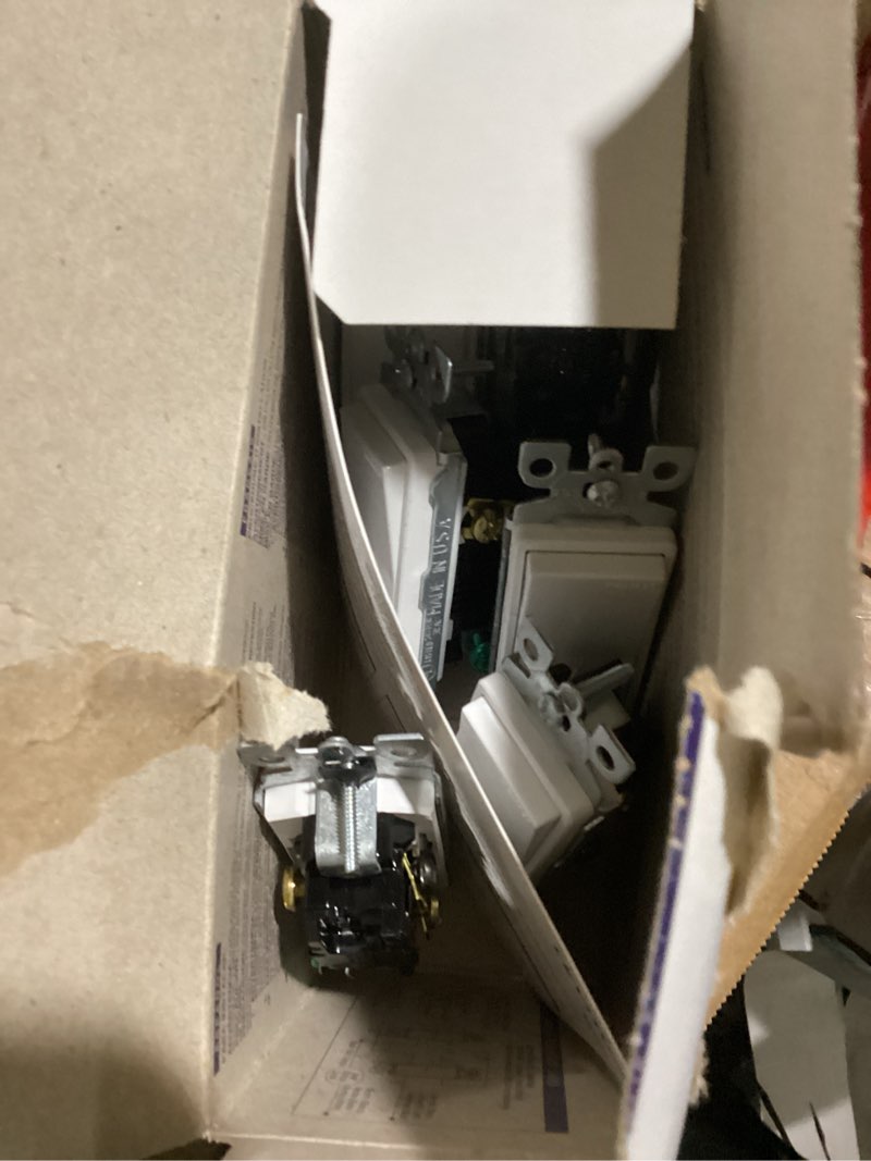 Condition photo showing As Is for leviton decora 15 amps three pole 3-way rocker switch white 10 pk