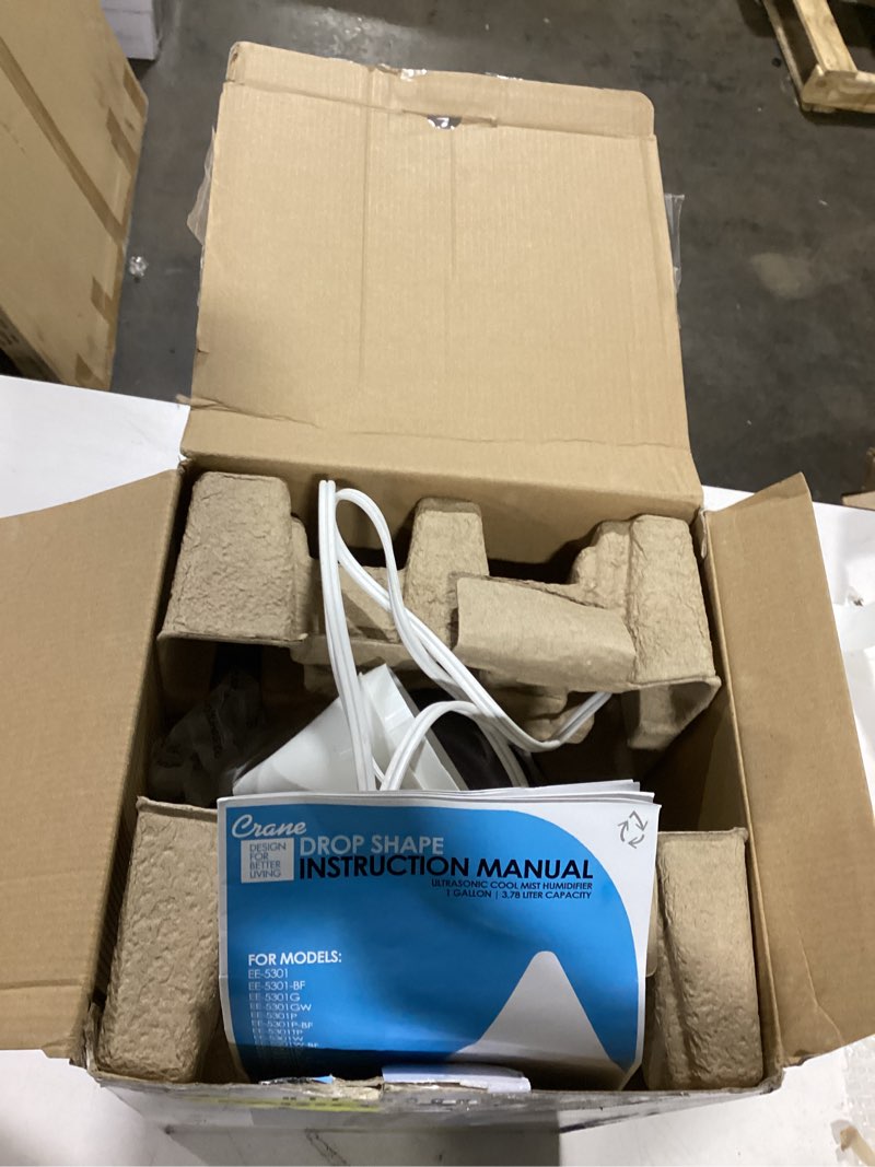 Condition photo showing As Is for Crane White Drop Ultrasonic Cool Mist Teardrop Humidifier, 1 Gallon Tank, Baby Humidifier for Nursery, Bedroom, Plants, Office, Adjustable Mist Levels White 1 Gallon