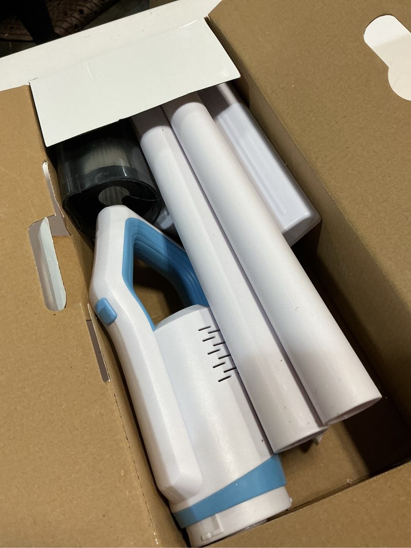Condition photo showing As Is for handheld cordless vacuum cleaner for home car upholstery - rechargeable stick dust buster for pet hair hardwood floor & mattress 15k pa lite pro white & blue