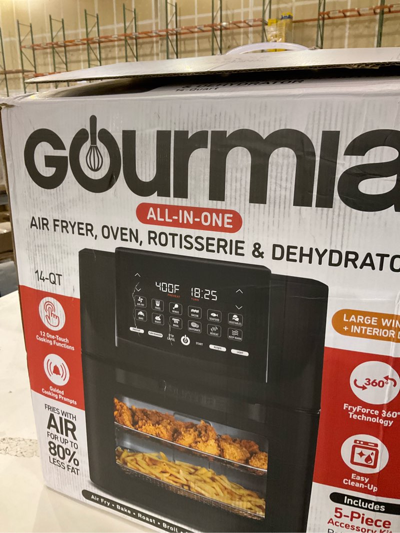 Condition photo showing New/Like New for Gourmia Air Fryer - 14 Qt All-in-One Oven with Rotisserie, Digital Display with 12 Presets, Roast, Bake, Broil, Dehydrate, Dishwasher Safe Accessories, Black