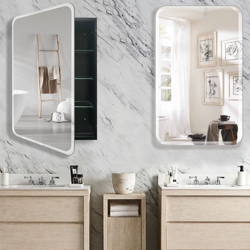 Fundin White Plastic Medicine Cabinet, Mirror Door with Round Corner Metal Frame, Recessed and Surfa