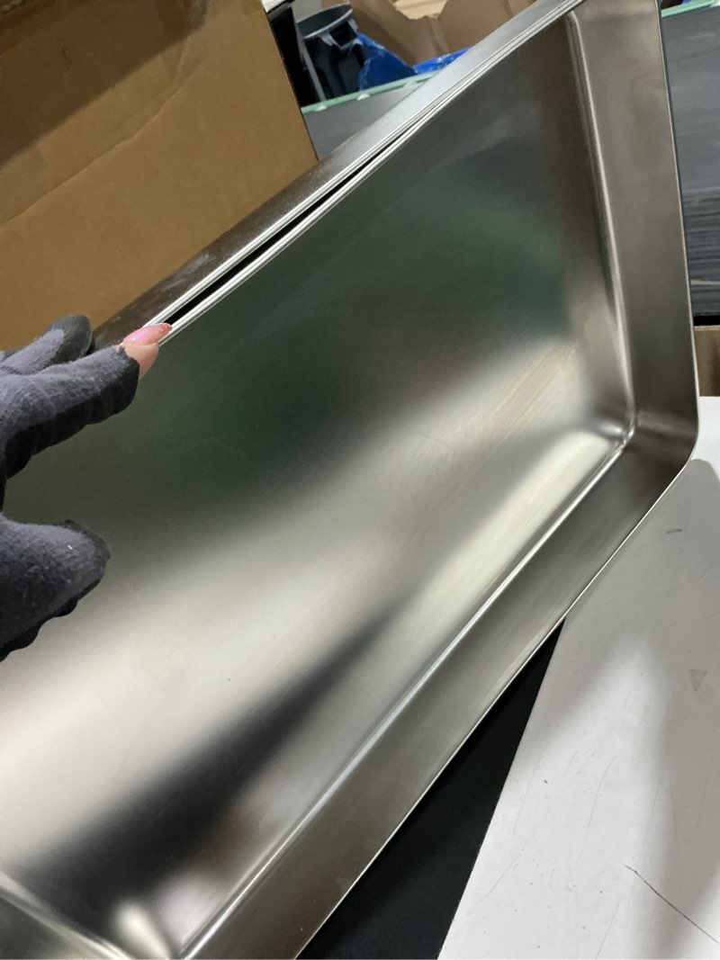 Condition photo showing Good Condition for p&p chef 16 inch baking cookie sheet, oven pan tray stainless steel sheet pan for kitchen, oven bakeware for multi uses, shiny look & dishwasher safe, healthy & heavy duty, 2pcs 2 16 inch