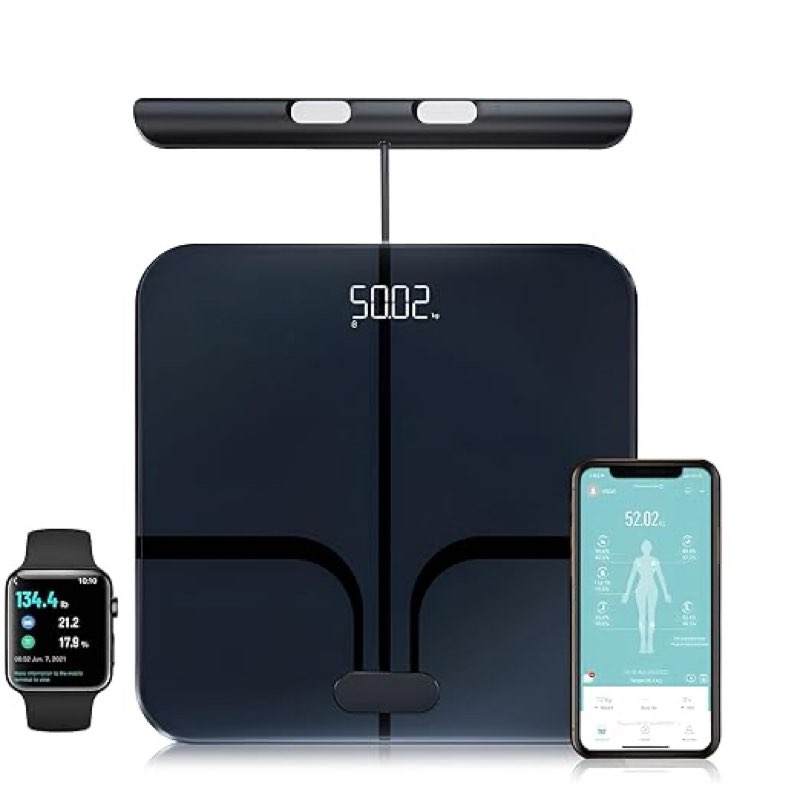 fitdays scale for body weight and fat percentage, 8 electrodes high precision digital scale for bmi 20 body composition measurement, bathroom smart scales with large color display (fi2211wb-black