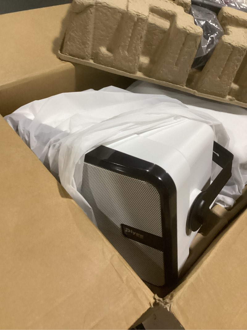 Condition photo showing New/Like New for 600w outdoor bluetooth speakers, wireless sync between speakers, powerful bass, wall mount for patio, porch, gazebo, garage, 2-pack, white(mz-658) 60w