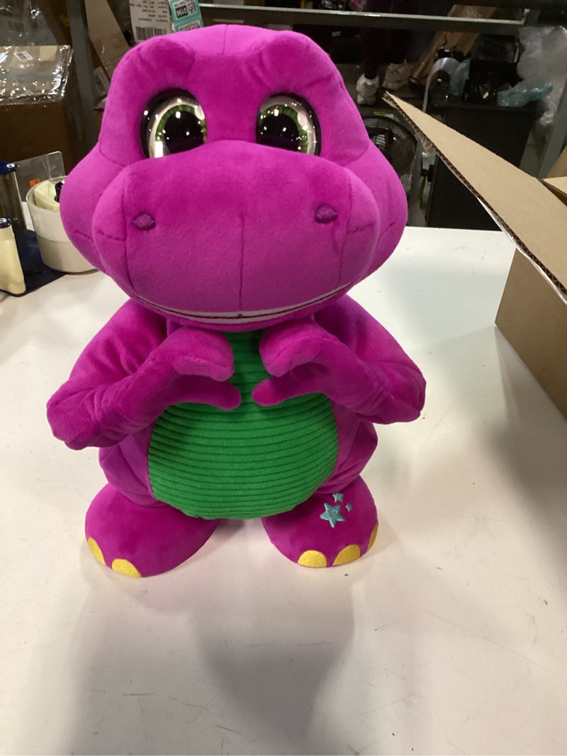 Condition photo showing New/Like New for barney’s world toddler toys by fisher-price, barney tall plush, 13-inch figure with sounds, soft texture for play, kids ages 2+ years