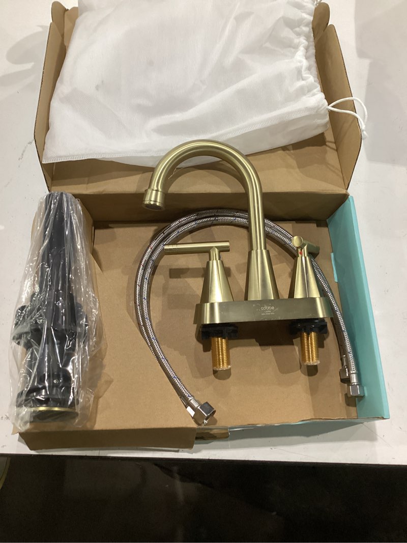 Condition photo showing New/Like New for cobbe brushed gold bathroom faucets, 4-inch bathroom sink faucet, 2 handle sink faucet with pop up drain and water supply lines, gold d - brushed gold
