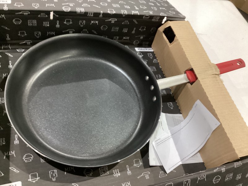 Condition photo showing New/Like New for tramontina professional 14-inch non stick extra large frying pan, heavy-gauge aluminum skillet with reinforced nonstick coating, red handle, dishwasher and oven safe nonstick (red handle) 14 inch