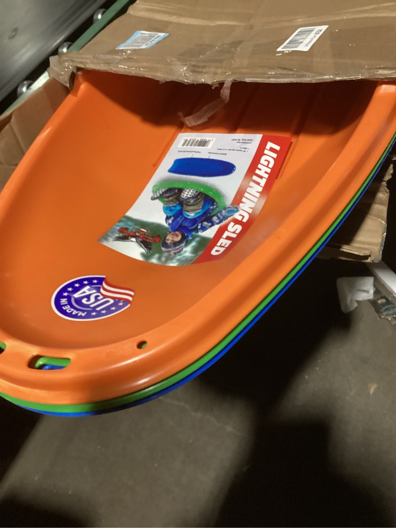 Condition photo showing Good Condition for Flexible Flyer Winter Lightning Snow Sleds for Kids and Adults (3-Pack) - 48 Inch Toboggan Style Plastic Sled with Hard Bottom for Fast, Smooth Rides - 1 or 2 Riders (Blue, Green, Orange)