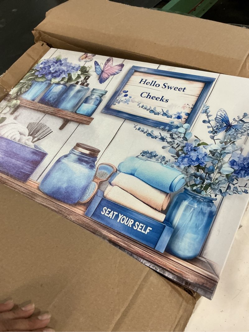 Condition photo showing Good Condition for navy blue farmhouse bathroom canvas wall art blue flowers and butterflies painting picture wall decor poster print artwork for toilet washroom restroom home decoration blue canvas 24"l x 16"w