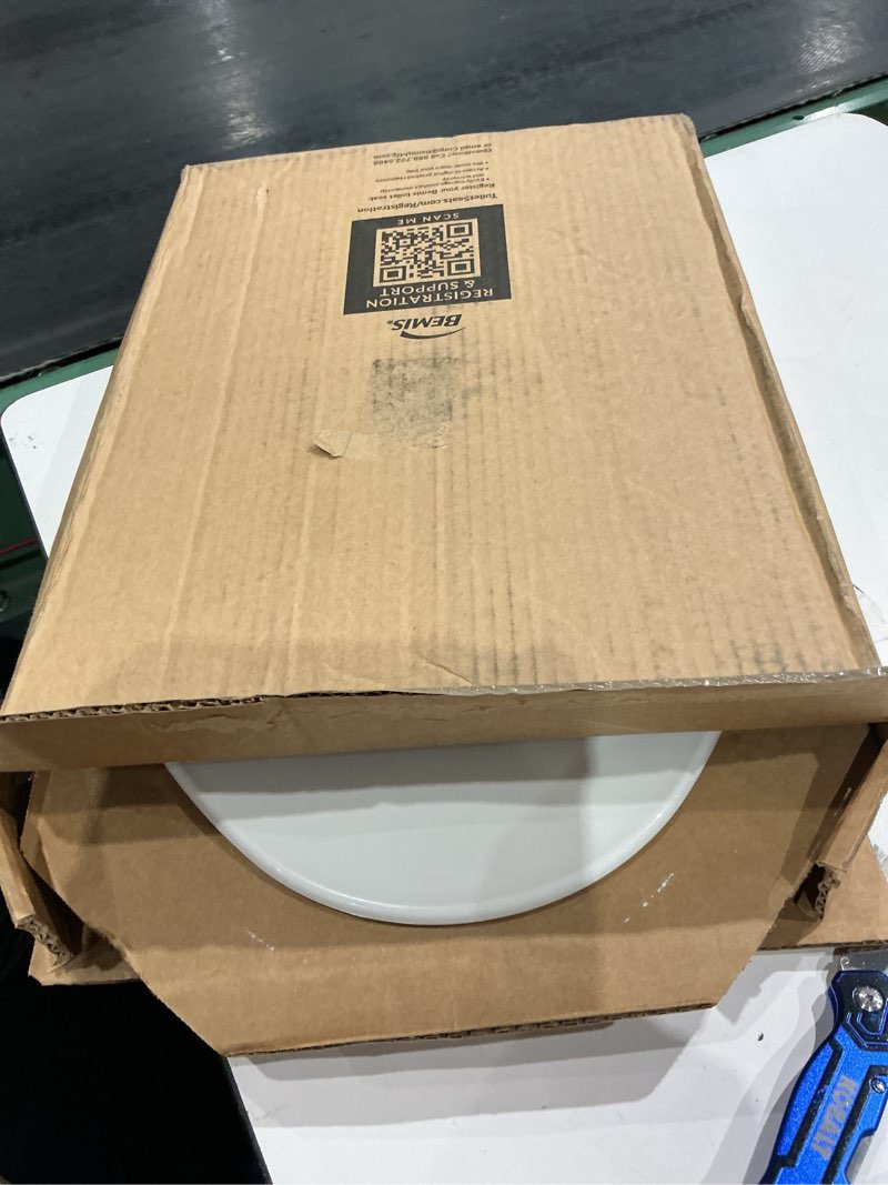 Condition photo showing As Is for mayfair linden slow close toilet seat, non slip heavy duty wood, easy install, elongated, white