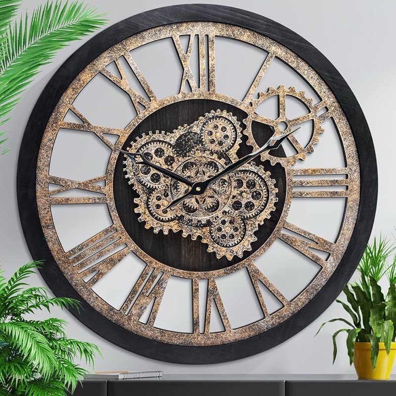 HOIBAI Wall Clock, 24 Inch Moving Gears Clock Large Wall Clock for Living Room Decor Rustic Vintage 