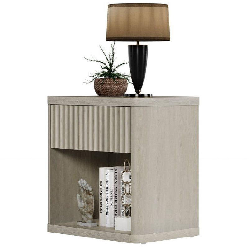 SICOTAS Fluted Nightstands for Bedroom, Farmhouse Bedside Tables with Drawer & Open Shelf, Wood End Table for Living Room in Light Grey
