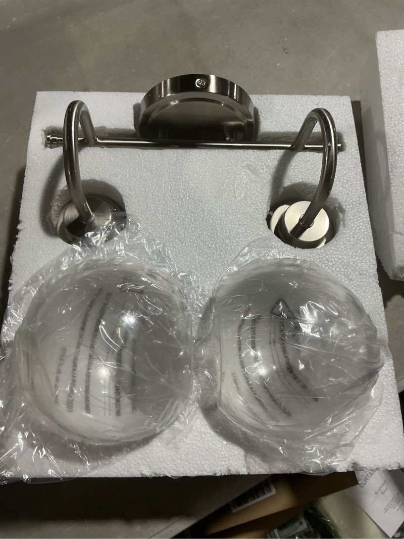 Condition photo showing Good Condition for 2-light bathroom vanity light, brushed nickel vanity light with clear glass shade, farmhouse bathroom vanity light over mirror for powder room bath, ad-22280-2w-sn