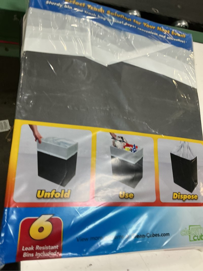 Condition photo showing New/Like New for clean cubes 13 gallon disposable trash cans (6-pack) with fitted trash bags - reusable garbage and recycling bins for parties, events, and more (black- 17" height x 13.5" width x 10" depth)