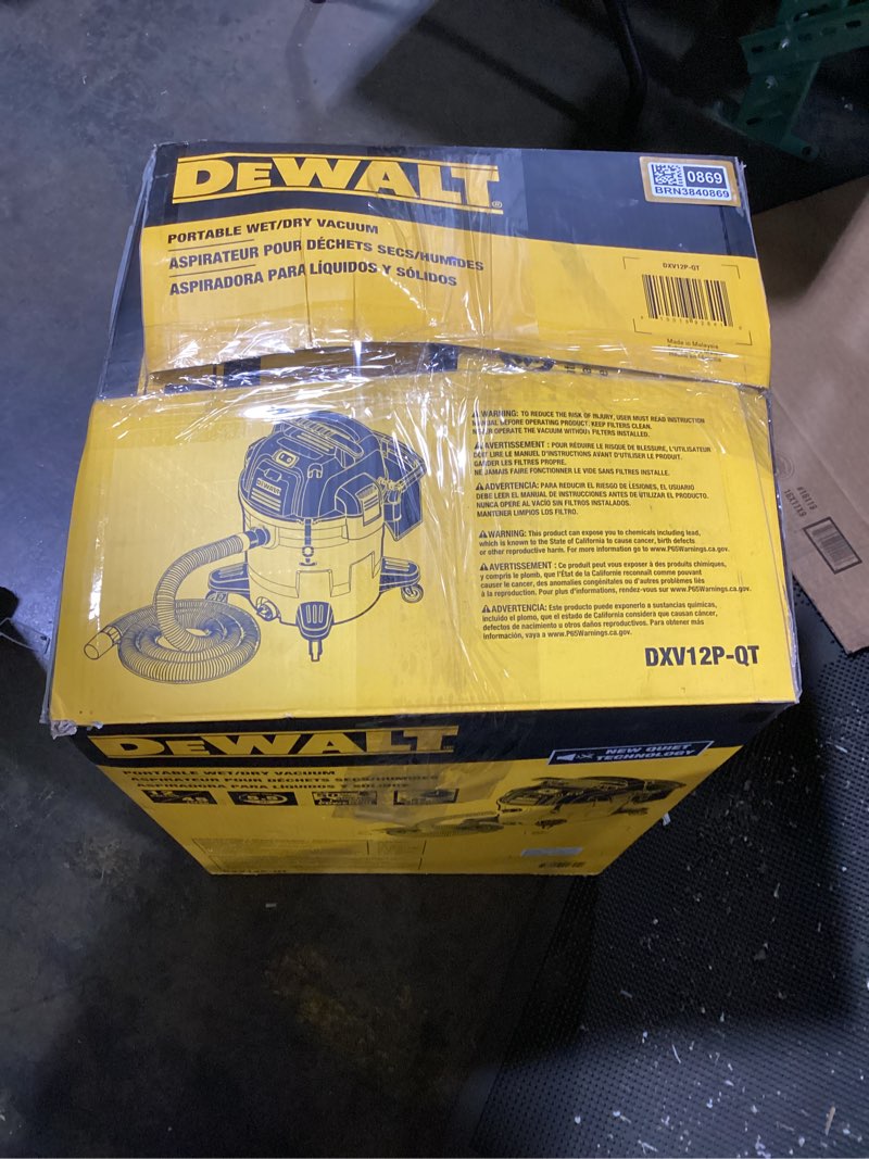 Condition photo showing As Is for DEWALT Stealthsonic Quiet 12-Gallon 5.5 HP Corded Wet/Dry Shop Vacuum with Accessories