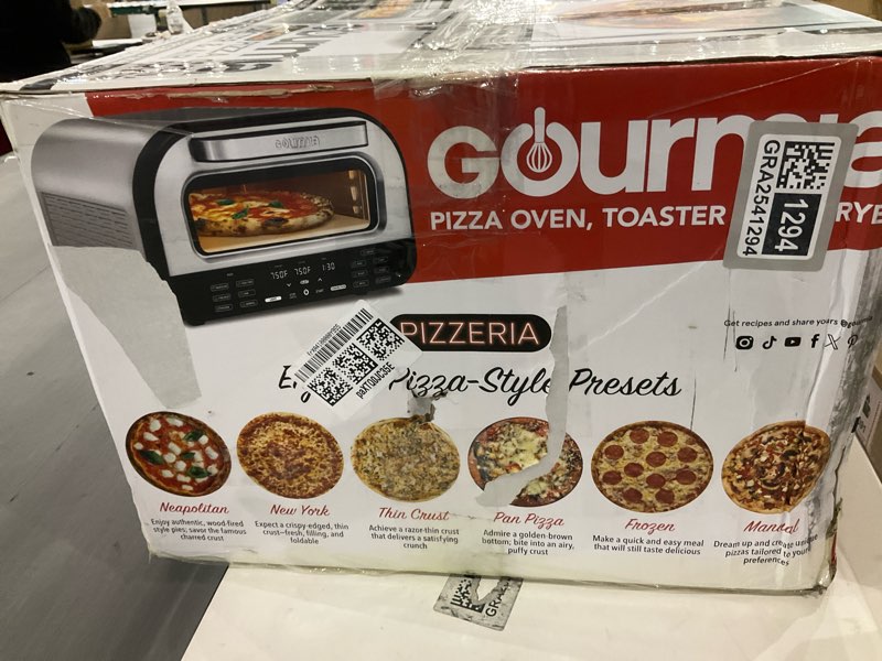 Condition photo showing New/Like New for Gourmia Indoor Pizza Oven Air Fryer Toaster – 1800W Countertop Multi-Cooker with Pizza Stone, Digital Controls & 6 Presets, Stainless Steel