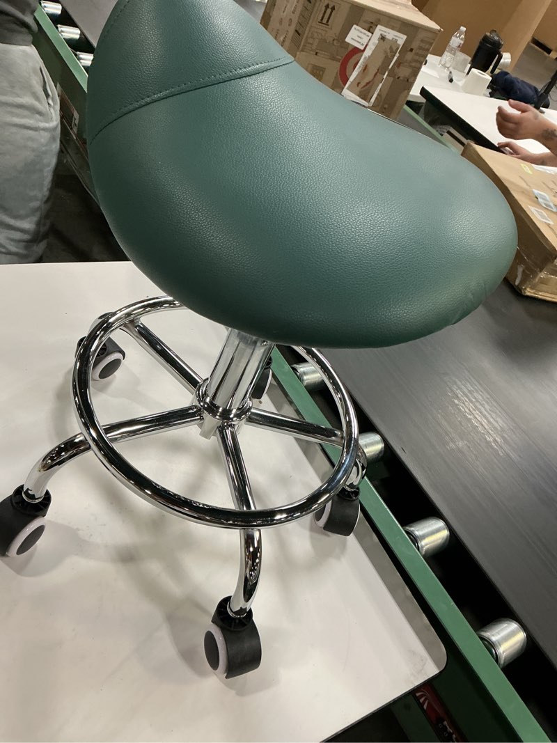 Condition photo showing Good Condition for YEEZEE Saddle Stool Ergonomic- Comfortable Rolling Saddle Stool with Wide Thick Saddle Seat Padding, Swivel Adjustable Saddle Chair with Wheels and Ring Pedal for Medical Massage Salon (Green)