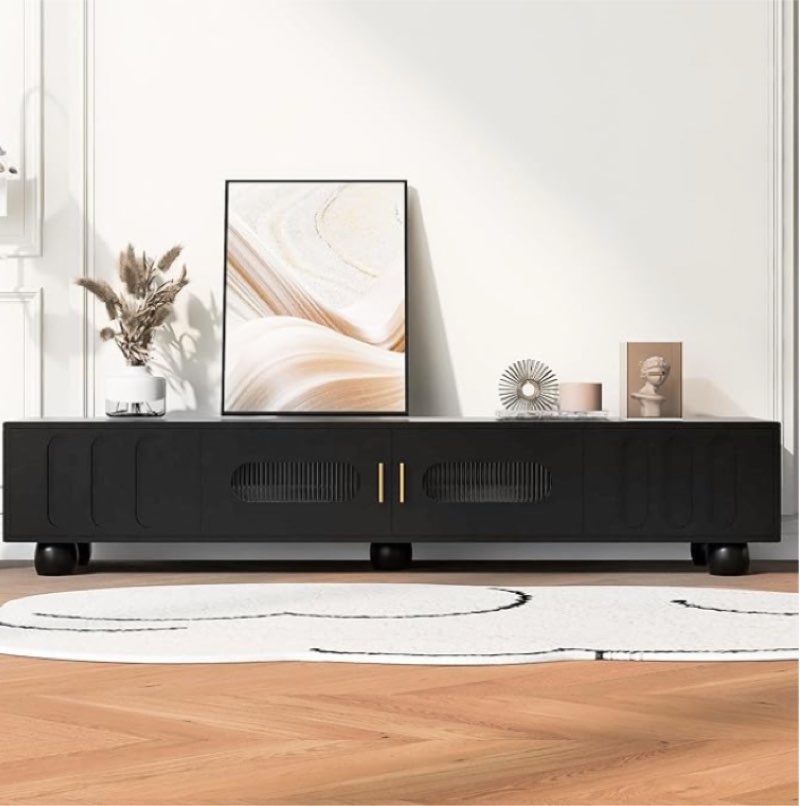 Modern TV Stand for TVs up to 80 Inches, Entertainment Center with Glass Door, 2 Drawers and Cabinets, Wood TV Storage Cabinet with Solid Wood Legs and Metal Handles for Living Room (Black + MDF-52s)
