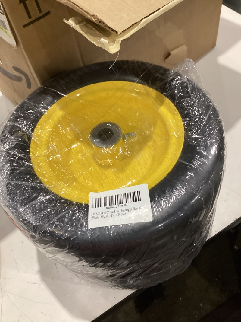 Condition photo showing Good Condition for 2 pcs 11x4.00-5" lawn mower tires flat free,3/4" 5/8" 1/2" bushing,3.4"-4"-4.5"-5" centered hub,universal fit smooth tread tire for zero turn lawn mowers, with universal adapter kit(blcak rim) universal bushing adapter (3/4", 5/8", 1/2") black rim