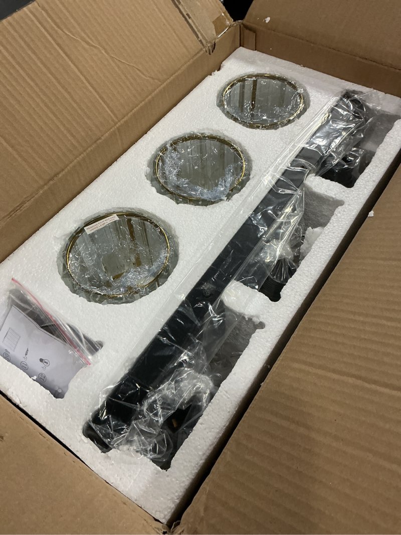 Condition photo showing Good Condition for Modern Crystal Bathroom Vanity Lights, 3-Lights Black Gold Bathroom Light Fixtures Over Mirror, Crystal Vanity Light with Polished Gold Finish(Exclude Bulb) Black Gold-Round Shade 3-Light