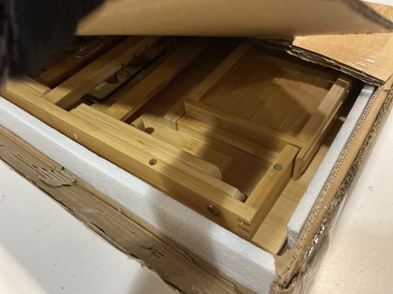 Condition photo showing Good Condition for bamboo laptop lap desk with vent, folding lap tray table with adjustable height, tilting top and drawer, portable for bed couch working reading writing
