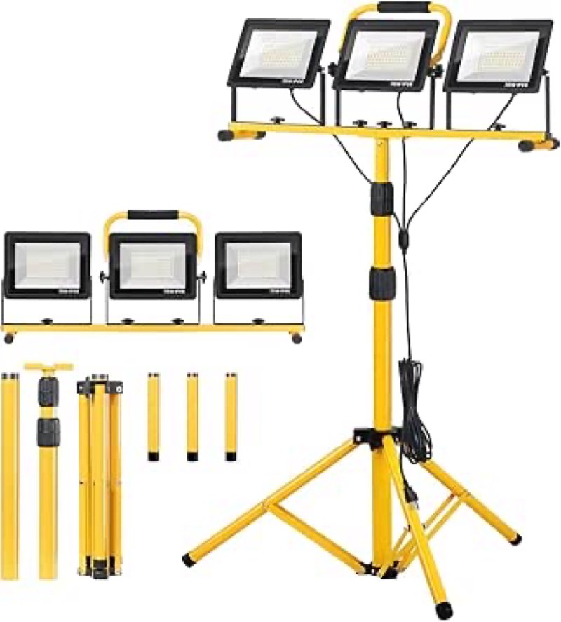 21000Lumen LED Work Lights with Stand - 3 Head Portable Work Light on Stand - IP66 Waterproof Tripod