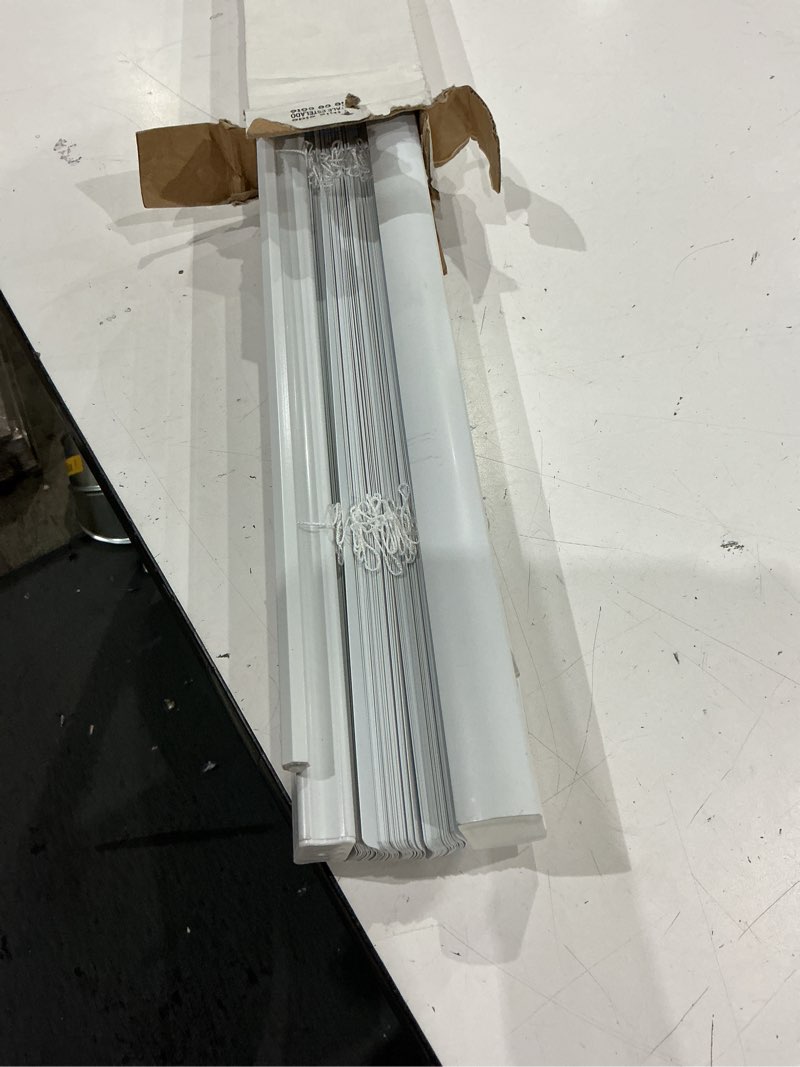 Condition photo showing As Is for project source room darkening 1-in slat width 48-in x 64-in cordless white vinyl room darkening mini-blinds