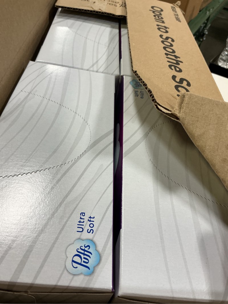 Condition photo showing New/Like New for puffs ultra soft facial tissues, 1 family size box, 124 facial tissues per box (pack of 8 )