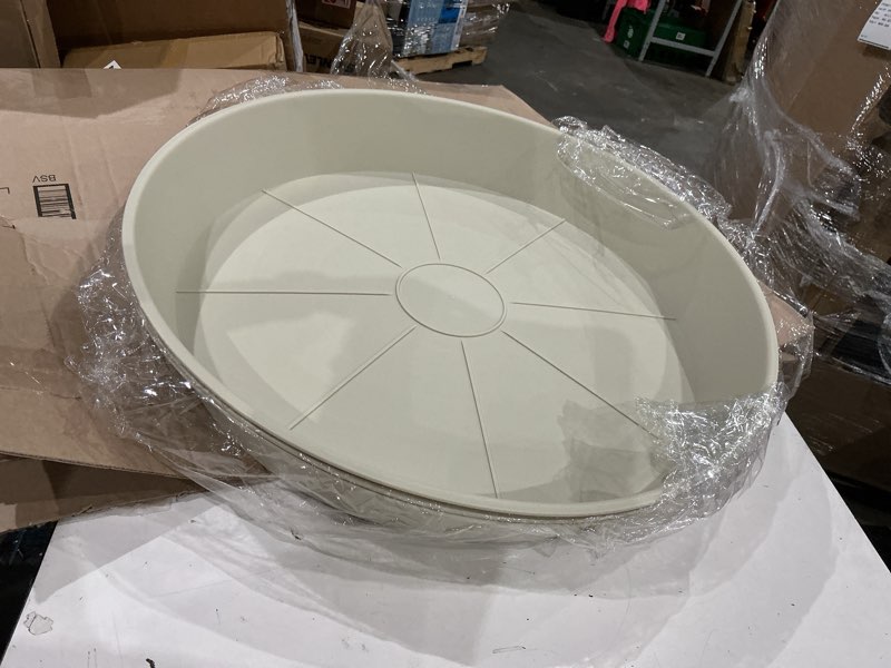 Condition photo showing Good Condition for 3 pack of 25 26 inch plant saucer (22.7 inch base), 4.2" depth, large deep plastic flower planter water trays for indoors outdoor bath bath, plant drip trays for pot (26", beige) 26" (3 pack) beige