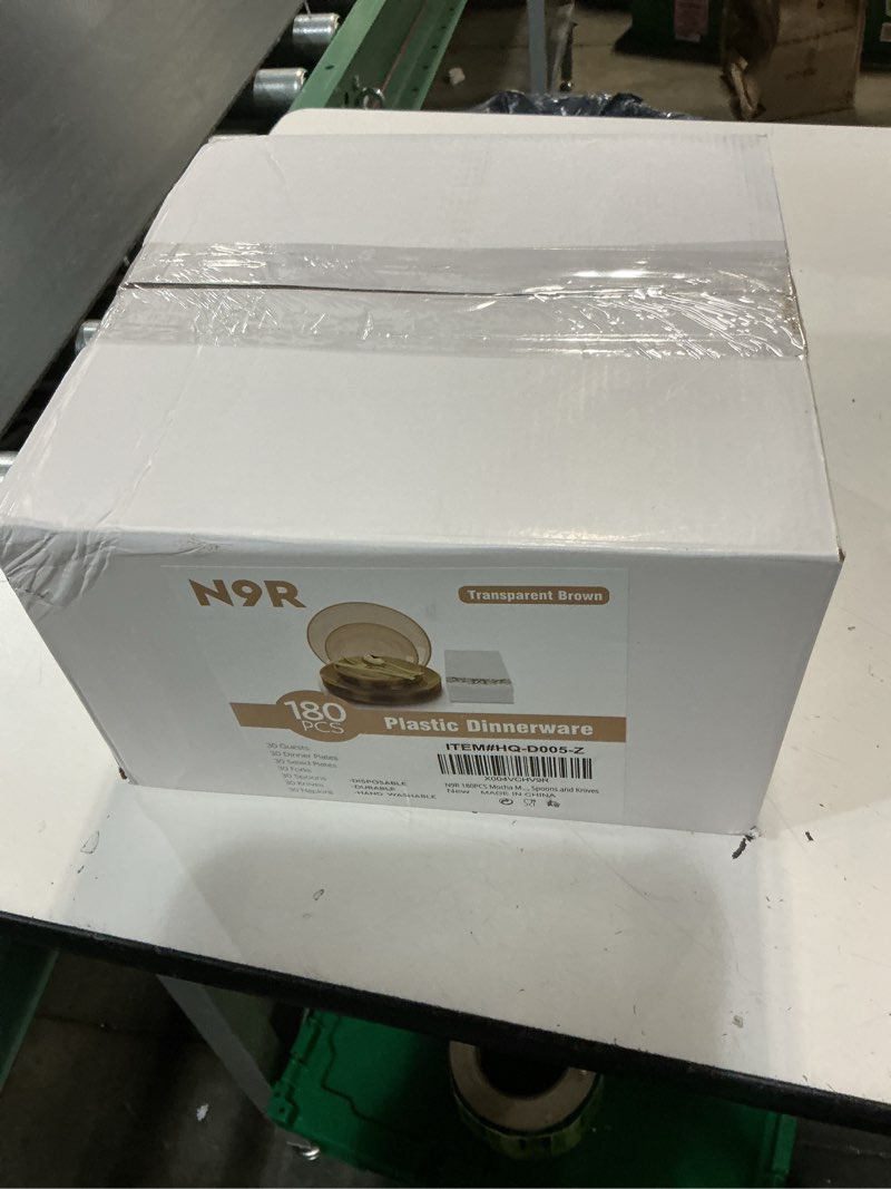 Condition photo showing New/Like New for n9r 180pcs mocha mousse plastic plates with gold trim, disposable party dinnerware set for 30 guests, include 30 dinner & salad plates, napkins, forks, spoons and knives