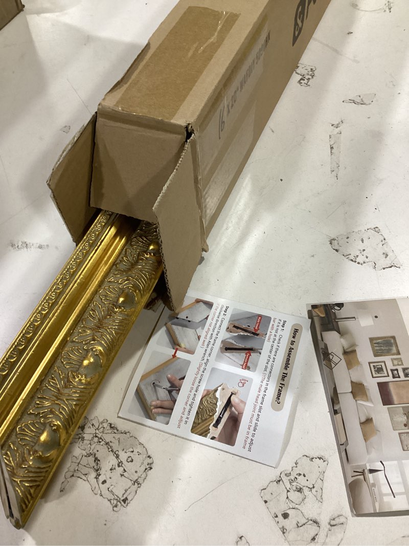 Condition photo showing As Is for vintage gold frame for 16x20 canvas paintings, 2.4” wide diy wood ornate frame for art prints landscape family portrait, victorian antique gallery wall decor for home office (no glass & back) 16x20" gold