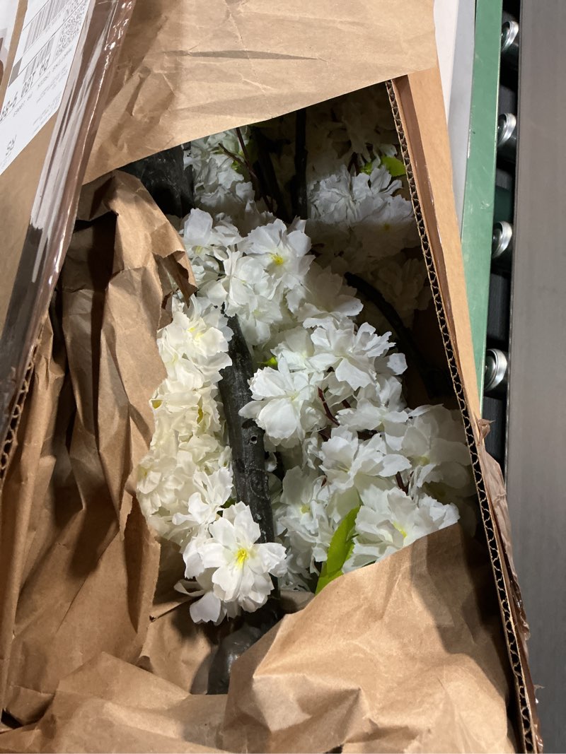 Condition photo showing As Is for Faux White Cherry Blossom 6ft(72in) Artificial Floor Green Plant for Indoor Decor Natural Potted Tre