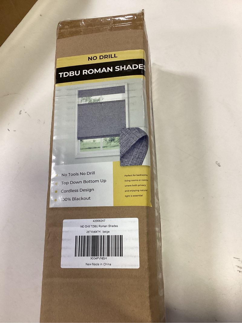 Condition photo showing New/Like New for No Drill Top Down Bottom Up Roman Shades for Windows, 26" W x 64" H, Beige Beige 26" W x 64" H