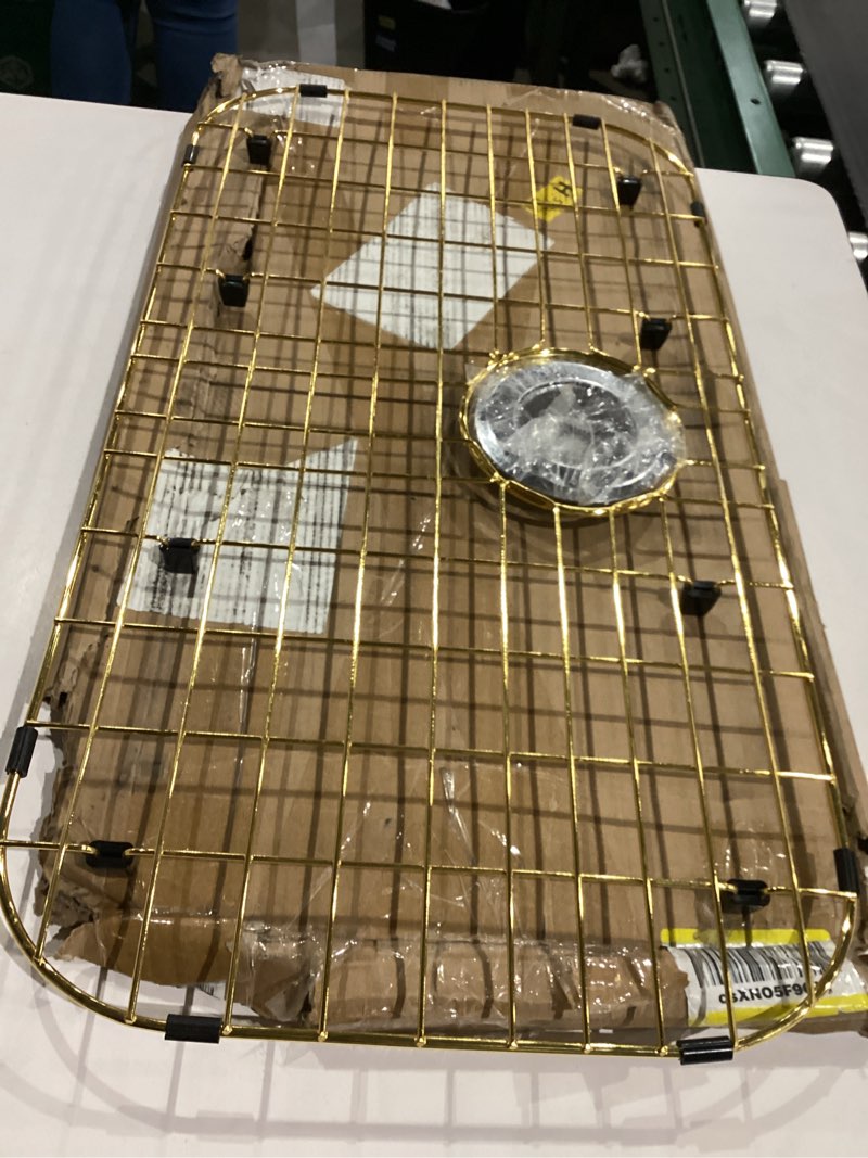 Condition photo showing Good Condition for kitchen sink grid protector, sink bottom grate for kitchen sink prevents scratches, stainless steel sink rack protector with center drain gold 26"l x 14"w