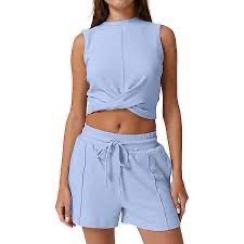 QINSEN Womens Crewneck Twist Front Sleeveless Crop Top Tank Drawstring Shorts Casual 2PCS Lounge Sets medium Organic Gray